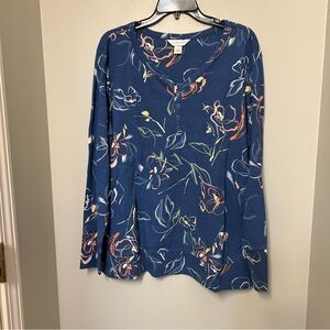 CHRISTOPHER & BANKS XL Thermal Shirt Blue Floral Long Sleeve Knit Top Layer